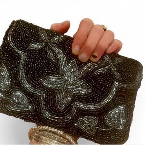 Vintage Black silver beaded hard case envelope clutch art deco shape 1940s bag